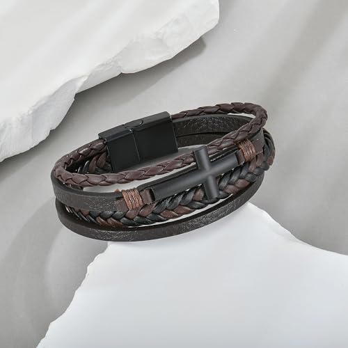 Men's Leather Cross Bracelet - Black or Brown Multi-Layer Braided Christian Religious Wristband Jewelry for Men, 8.3" & 9.1" Sizes2