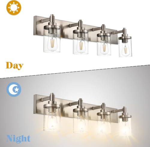 TULUCE 4-Light Bathroom Lighting Modern Brushed Nickel Vanity Light Fixture Over Mirror,E26 Base Industrial Wall Lamp with Clear Glass Shade Wall Sconce for Bathroom,Hallway, Makeup Dressing Table by TULUCE - Used condition - Image 4