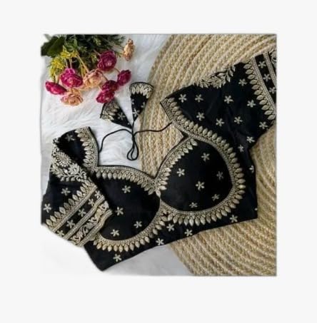 Women's Traditional Silk Saree Blouse, Black with Floral Embroidery, U-Neck, Half Sleeve, Medium Size, Regular Fit-image-16