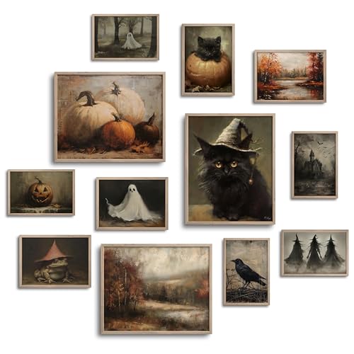 TwoDays Vintage Halloween Room Decor, Horror Spooky Painting Gallery Wall Art, Fall Aesthetic Boo Posters, Witch Ghosts Black Cat Pumpkin Prints (Multi Sizes, 8" X 10" Largest, Set of 12) (Unframed)