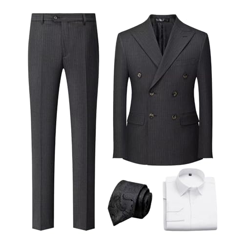 Men's Double Breasted Pinstripe Suit Set Peak Lapel Tuxedo Includes Jacket, Pants, Shirt & Tie for Office & Meetings