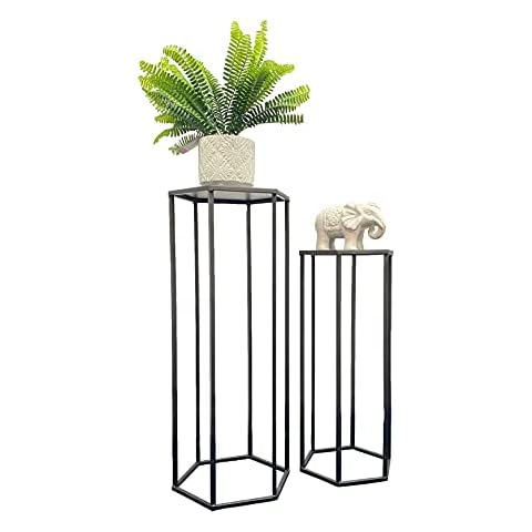 OTZ set of 2 Metal Plant Stand Black Nesting Display Table Hallway Lamp End Table Plant Stand Black Hexagon Design Corner Planter Cover