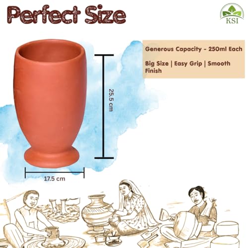 Image of KSI Earthen Clay Water Glass Set of 2 | 375 ml Mitti Drinking Glasses for Water Lassi Milk Coffee | Traditional Terracotta Drinkware | Reusable Kitchen Tableware