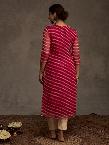 Image of INDO ERA Women's Georgette Leheriya Printed Straight Calf Length Kurtas (IEAI12232)