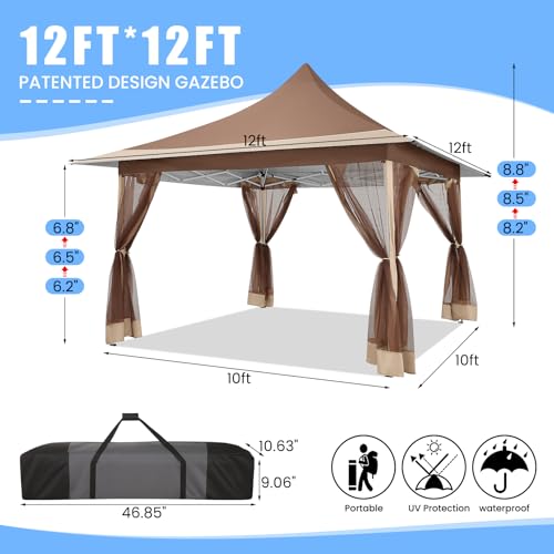 Image of COBIZI 12x12 Pop up Canopy Gazebo on Clearance, Outdoor Canopy Tent with Mosquito Netting & Waterproof Roof & Sandbags & Carrying Bag,Patio Portable Gazebo for Garden,for Backyard,Brown
