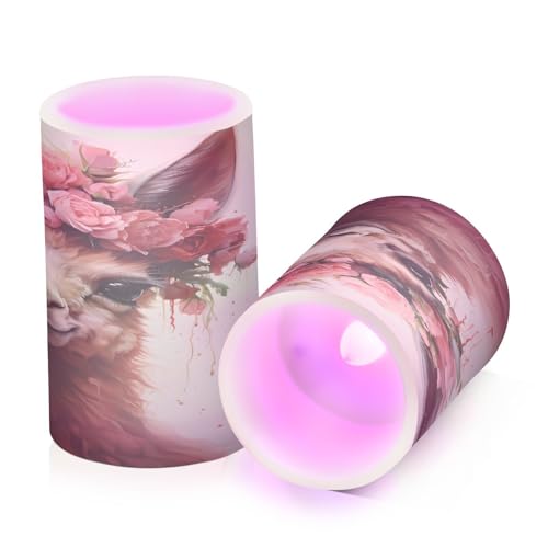 Llama Flowers (2) Flickering Flameless Candles Battery Operated with Remote Timer,Tea Light Candles LED Pillar Votive Candles Set of 2 for Outdoor Indoor Decorations