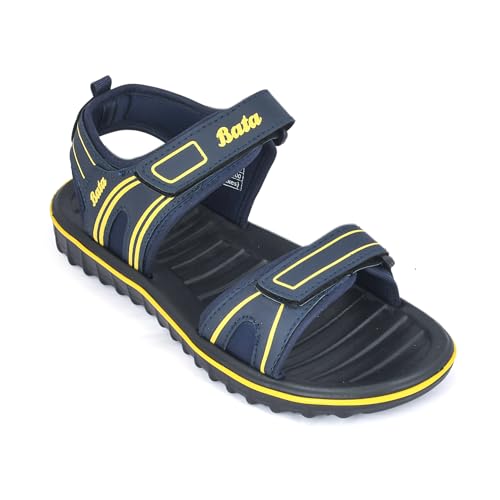 Image of Bata Men's Sports Sandals, Dual Velcro Strap, Textured Sole (BLUE /YELLOW, UK Footwear Size System, Adult, Men, Numeric, Medium, 10)