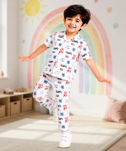 Image of 3BROS Unisex Pure Cotton Short Sleeve Kids Night Dress for Boys & Girls Nightwear /Sleepsuit /Sleepwear /Loungewear Night Suit for Boys and Girls Top and Pyjama Combo Set