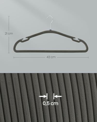 SONGMICS Kleiderbügel Samt, Bügel 50er Set, 43 x 21 cm, Samtbügel rutschfest, breite Schulterkerben, Stange für Hosen, 360° drehbarer Haken, platzsparend, für Garderobe, grau CRF039G02