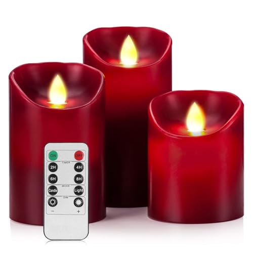 Enpornk Flameless LED 4/5/6-Inch Drip-Less Wax Pillar Candles - Real Wax & Real Flickering Candle Motion - with Remote 24-Hour Timer Function,Burgundy Color,Sets of 3