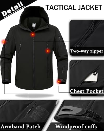 Image of Men's Tactical Fleece Lined Jacket Softshell Military Hooded 7 Pockets Windproof Outdoor Work Rain Coats Black M