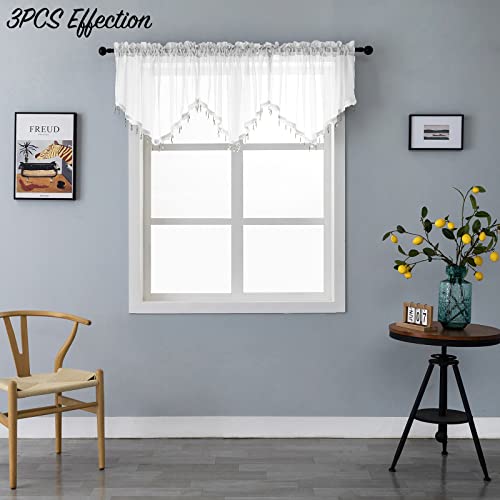 Pearage Beaded Triangle Sheer Valance Curtains For Living Room,Rod Pocket Farmhouse Window Valance, Bead Trim Tassel Voile Sheer Curtain Valance For Bedroom Bathroom Cafe 51X24 Inches (Ivory) 1Pc #TOP6