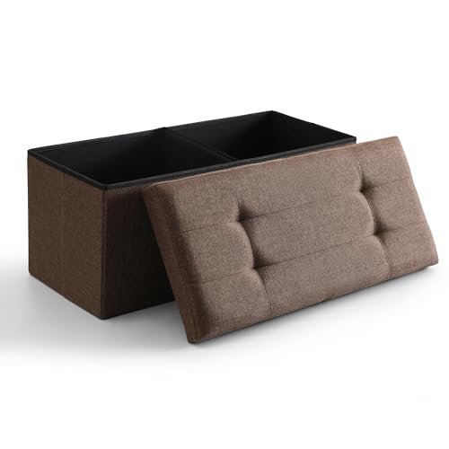 Image of Storage Ottoman Bench Foldable Footrest Foot Stool, 30 inch Fabric Brown | Small Ottoman Foot Rest Seat Shoe Bench Flip-Top forliving Room End of Bed Bedroom Couch Dorm, 80L Folding Upholstered Chair