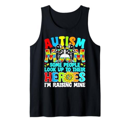 Autismo Mamá Raising Heroes Messy Bun Mamá Conciencia sobre el autismo Camiseta sin Mangas