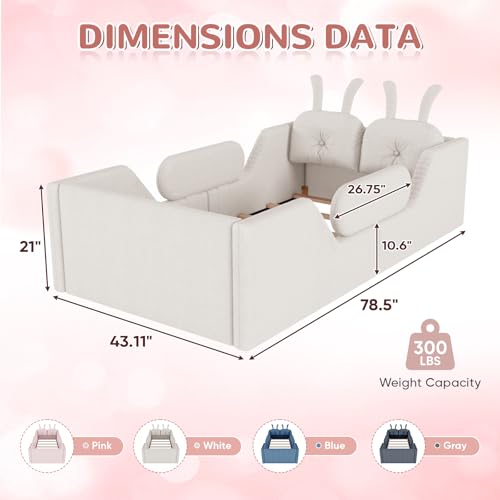 Image of Twin Size Kids Bed with Rabbit Cushions, Upholstered Boucle Fabric Platform Floor Twin Daybed with Removable Side Rail, Space-Saving Wooden Corner Sofa Couch Bed Frame for Girls, Boys, Teenager(White)