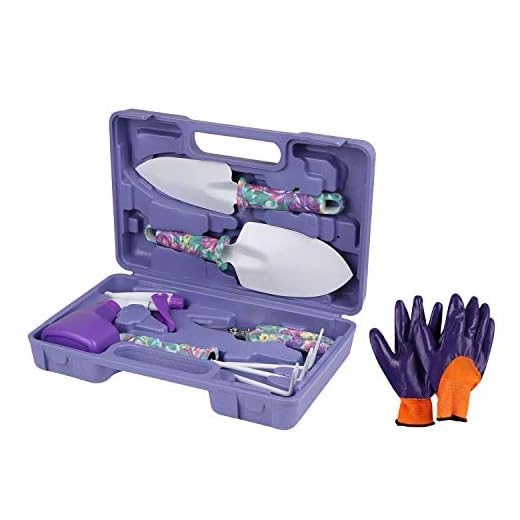 Garden Tools Set for Women, BENBO 7 Pieces Garden Hand Tools with Carrying Case, Ergonomic Non Slip Handle Pruning Shear Rake Shovels Spray Bottle and Gloves, Purple Floral Print Gardening Tools Gifts