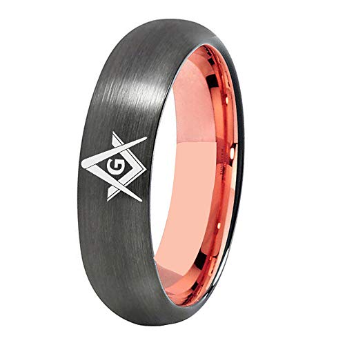 CLOUD DANCER 4mm/6mm/8mm Width Masonic Freemason Ring/Masonic Compass Square Ring - Classic Gunmetal Grey and Rose Gold Tone Men's Tungsten Carbide Ring -Free Customized Engraving