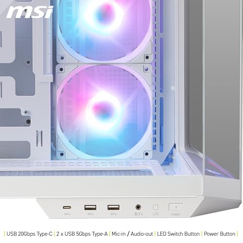 MSI MAG PANO 100R PZ White Boîtier PC ATX - Compatible Installation Verticale de Carte Graphique, Support GPU, filtres à poussière, Cage de Stockage pivotante, Double Compartiment, USB Type-C 20 GB/s