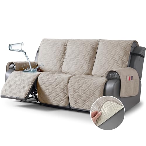 TAOCOCO 100% Waterproof Recliner Sofa Cover, Non Slip Split Couch Covers for Reclining Couches with Elastic Straps, Washable Reclining Sofa Cover Furniture Protector for Kids Pets(3 Seater, Cream) by TAOCOCO - Used condition - CA$71.54