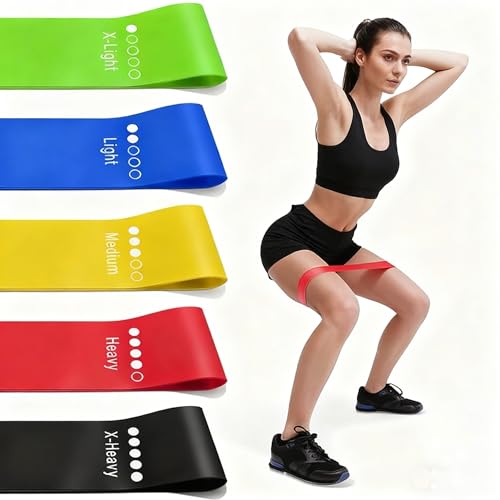 Fitnessbänder 5er Set aus 100% Naturlatex - Widerstandsbänder mit 5 Stufen, ideal für Muskelaufbau, Yoga, Pilates und Home-Workouts, vielseitig einsetzbar für Fitnessstudio, Zuhause und unterwegs.
