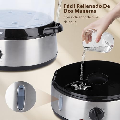 Aigostar Fitfoodie Steel - Vaporera eléctrica 9 L Vaporiera Inox, 3 recipientes Independientes, Temporizador 60 Minutos, Cuenco para Preparar arroz, Livello Di Acqua Visibile, Libre de BPA, 800W - imagen 6