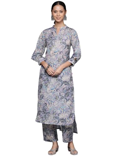 Kurta droit lavande imprimé cachemire unique caractérisé par son col mandarin et ses manches 3/4