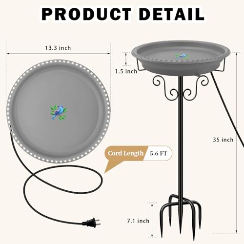 Lovppy Heated Bird Bath for Outdoors for Winter, 100W Heated Bird Bath Water Heater with Thermostatically Controlled, Heated Bird Baths Bowl with Metal Stake for Outside Garden Patio Yard (Gray) by Lovppy - Image 7