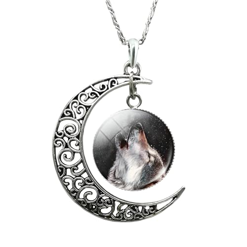 Collier loup en verre et croissant de lune argent 925 pendentif ras de cou phase de lune mixte