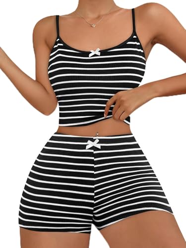 Image of Hilinker Womens Graphic 2 Piece Pajama Set Summer Cute Crop Cami and Shorts Ribbed Lounge Sets