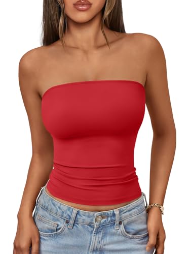AUTOMET Womens Strapless Bandeau Tube Tops Stretchy Summer Red M