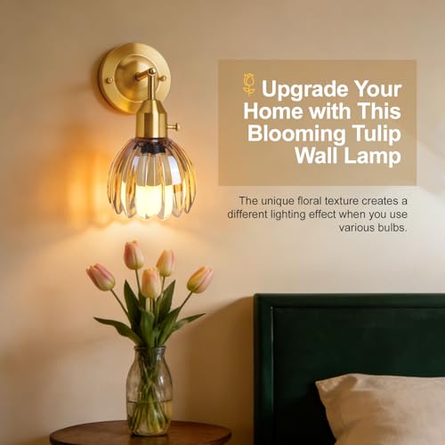 Image of Vintage Gold Wall Sconces Set of 2 with Cute Amber Tulip Glass Lampshade, Hardwired and Wireless Wall Mounted Light Fixtures (2 Usage Methods) with Switch for Bedside Bedroom Living Room Wall Decor