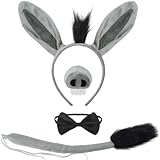 SALACOOL 4 PCS Donkey Costume Accessories Adult,Donkey Ears Headband/Tail/Nose/Bow,Animal Halloween Costume Accessories