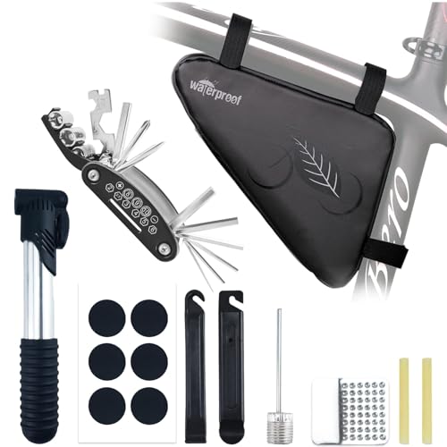 NDakter Bike Bag:Bike Frame Bag & Bicycle Repair Kit, 2L Waterproof Storage Pouch with 16-in-1 Multi-tool, Portable Bike Tool Set for Flat Tire Repair, Cycling Accessories for Mountain Road Bike, MTB