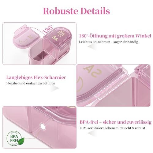 Betife Tablettenbox 7 Tage Morgens Abends, Pillendose Woche 2 Fächer Groß, Medikamentenbox 7 Tage mit Pillenbox Klein für Unterwegs, Tabletten Organizer 14 Tage Tragbare Tablettendose （Violett）