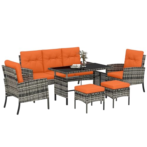 Outsunny 5 Seater Rattan Garden Furniture Set, 6 Piece Garden Sofa Set, Armchairs, 3-Seater Sofa, Footstools, Glass Dining Table, Cushions, Wicker Outdoor Furniture for Conservatory Patio, Orange