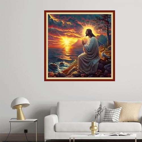 Image of Joyhoor Cross Stitch Kits for Beginners Stamped Cross-Stitch Supplies Needlework preprint Embroidery Kits for Adults DIY Needlepoint Kit Embroidery Patterns 11CT-Prayer of Jesus by Sea 18x18 inch