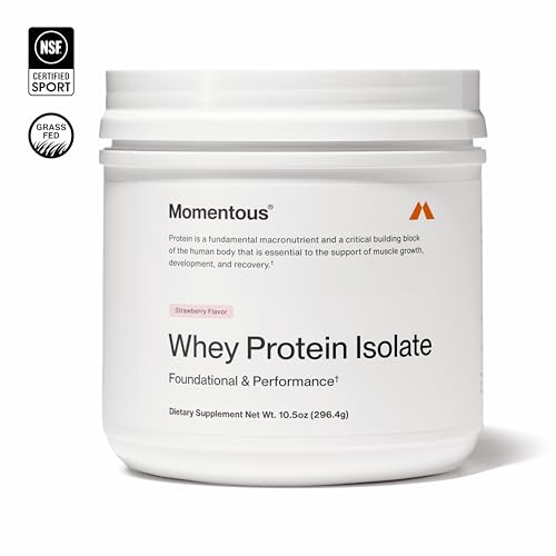 Image of Momentous Essential Grass-Fed Whey Protein Powder - 20 g Whey Isolate Protein - NSF Certified for Sport - Gluten-Free - 12 Servings for Essential Everyday Use - Strawberry - Package May Vary
