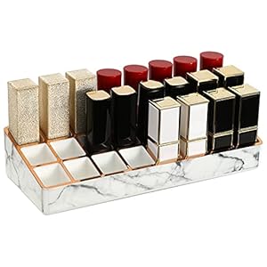 Emibele Organizer voor lippenstift, 24 vakken, cosmetica, opbergdoos, marmerpatroon, cosmetica, standaard, make-up-organizer, lippenstifthouder voor badkamer, slaapkamer, commode – wit