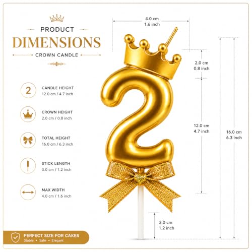 Image of Unscented Number Candles with Crown 3 inch for Birthday Parties, Wedding, Engagement, Celebrations, Theme Party, Bridal Shower, Bachelors Decoration, Gold (Numerical No 2)