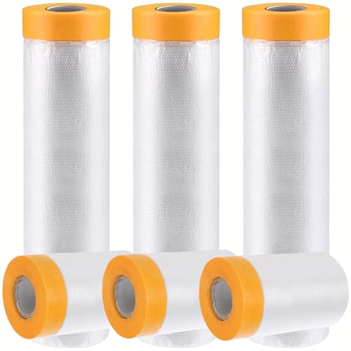 LCOUACEO 6 Rollen Abdeckfolie mit Klebeband, 120 meter Abdeckfolie Maler Transparent Abklebeband mit Folie zum Staubschutz, Selbstklebende Malerfolie Für Möbel Auto Boden Wand Malerei Abdeckung