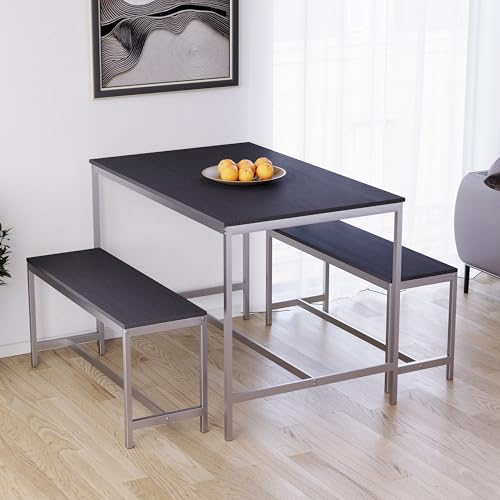 Vida Designs Roslyn - Juego de mesa de comedor con 2 bancos, muebles de 3 piezas para cocina o comedor, mesa de ahorro de espacio para 4 personas - Negro, mesa 110 x 70 x 75 cm, bancos 95 x 30 x 43 cm
