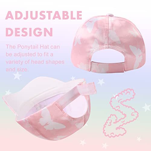 Girls Baseball Cap Kids Cute Sun Hat Adjustable Trucker Hats Toddler Rainbow Unicorn Ponytail Caps Spring Summer (Pink Butterfly, 4-8 Years) #TOP4