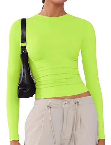 Women's Soft Long Sleeve Shirts Crew Neck Tops Basic Tees Stretchy Going Out Crop Tops Y2K Slim Fit T-Shirts Neon Green M