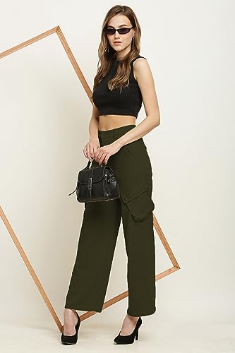 Image of Fashion Women's Casual Cargo Pants Flared High Waist Relaxed Fit Stretchable Parallel Trousers