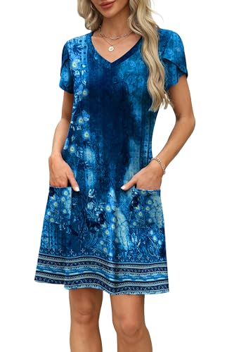 Image of OFEEFAN Womens Summer Dresses 2026 Tulip Petal Short Sleeve V Neck Loose Swing Sundresses with Pockets Plain /Print