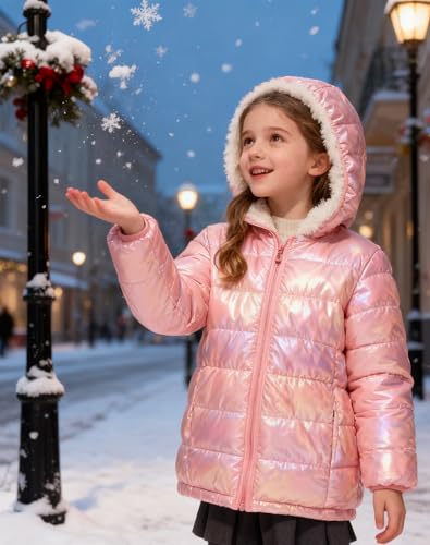 Image of Lovekider 4-12 Years Girls Hooded Puffer Jacket Warmth Padded Winter Coat | Metallic Shine Fabric, Fleece Lining, Windproof, Water Resistant, Keep Warm, Down Alternative, for Cold Weather