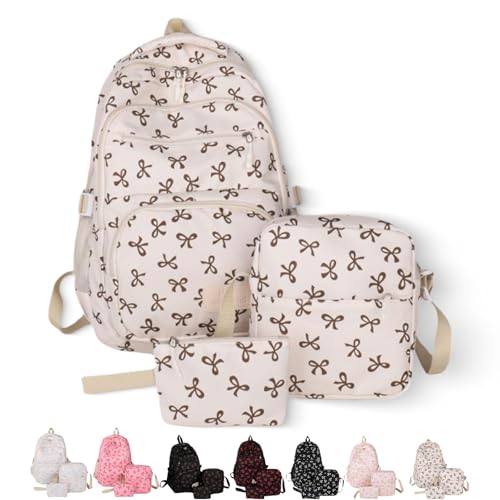3Pcs Pink Bow Backpack, Bow Backpack Bags Set for Girls, Cute Kawaii Backpacks Set Large Capacity (White Brown,One SIze)