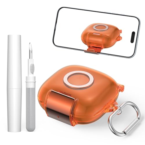 [Security Lock & Phone Stand] Case for Beats Fit Pro 2021 Clear Anti-Yellowing TPU Shockproof Cover with Carabiner & Cleaning Kit Compatible with Beats Fit Pro 2021 (Transparent Orange)