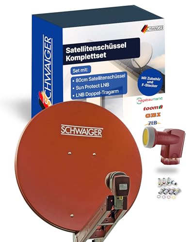 SCHWAIGER Satellitenschüssel Komplettset - Ø 80 cm Aluminium Offset Antenne in Ziegelrot - Inkl. Quad LNB 4-Fach & LNB Doppel-Tragarm - Digital HD & 4K Empfang - Integrierte Kabelführung & wetterfest