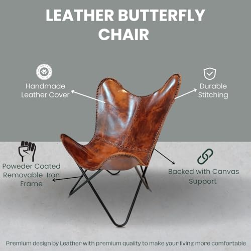 SAINTSTAG Vintage Leather Antique Butterfly Chair for Relaxing || Leather Butterfly Chair || Folding Chair for Home D&eacute;cor || Leather Recliner Chairs for Living Room (Cover with Black Leg)